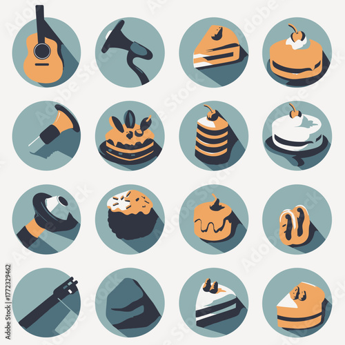 Flat Design Vector Icon Set: Musical Instruments and Sweet Desserts. Modern Long Shadow Illustration for Web & App.