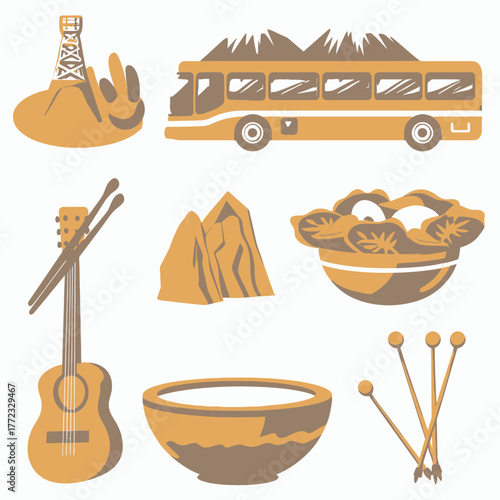 Tropical island cultural and travel icons set featuring ukulele, scenic mountain bus, traditional food bowls, volcanic landscape, and local elements.