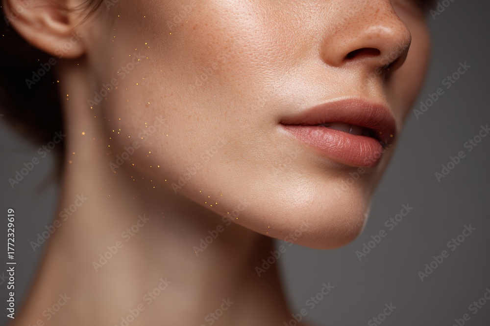 Obraz premium Elegant close-up of youthful woman with glowing molecules drifting across her skin, highlighting modern beauty technology and innovation in skincare, captured with soft ambient medical lighting.