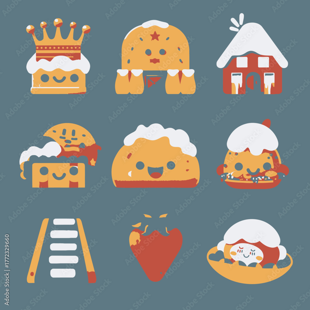 Obraz premium Playful vector illustration set: cute cartoon crown, whimsical house, smiling abstract characters, broken heart, and fantasy elements