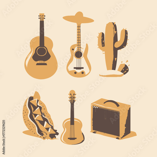 Mexican culture and music flat illustration set with guitars, sombrero, cactus, amplifier, and delicious taco design