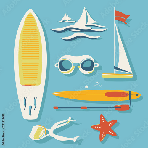 Summer beach and water sports equipment vector illustration set. Surfboard, kayak, sailboat, snorkeling gear, goggles, starfish.