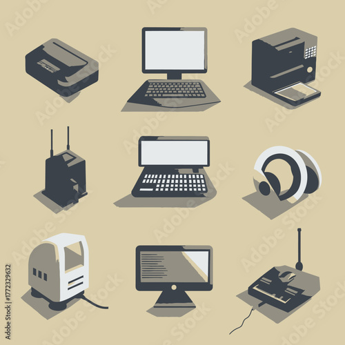 Retro Technology Isometric Vector Set. Vintage Computers, Laptops, Monitors, Printers, and Electronics. Flat Design Icons for Digital Communication.