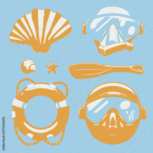 Summer vacation and beach essentials vector illustrations. Set of seashells, diving masks, snorkel, paddle, and lifebuoy on light blue background.