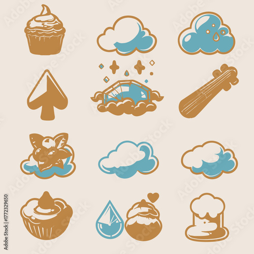 Vintage Cartoon Vector Graphic Element Collection: Diverse Icons with Cupcakes, Clouds, Gem, Music, Beer, and Nature Motifs