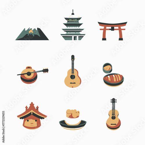 Flat design icons set representing Japanese culture, travel, and lifestyle with pagoda, torii, mountain, food, and musical instruments.