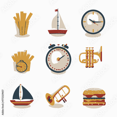 Flat design vector illustration set of retro everyday objects: food, timepieces, instruments, and sailboat icons.