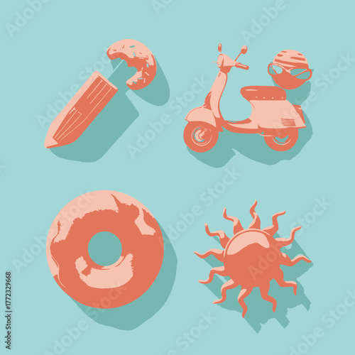 Summer Vacation Fun Vector Illustration: Scooter, Pool Floats, and Sun on Blue Background for Travel, Relaxation, and Treats