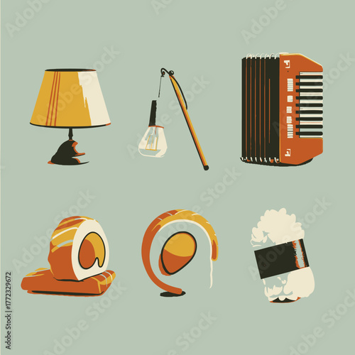 Vintage Flat Design Illustration Set of Diverse Objects: Table Lamp, Accordion, Sushi Roll, Onigiri, and Abstract Shapes
