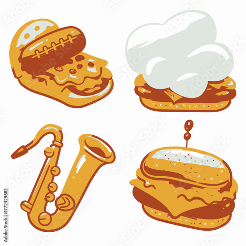 Playful cartoon illustrations: classic hot dog, breakfast egg sandwich, mini burger, and a golden saxophone icon set on white