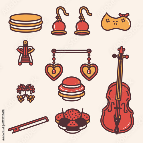 Vector illustration of traditional Dutch culture symbols, cuisine, and music elements including clogs, stroopwafels, poffertjes, and a violin.