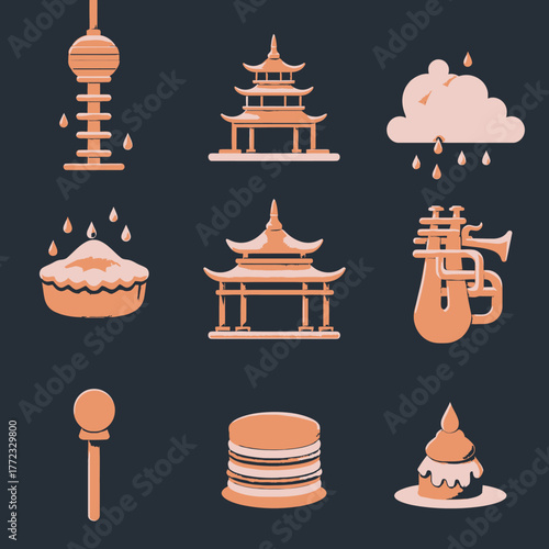 Collection of Flat Design Icons: Traditional Asian Pagodas, Modern City Tower, Desserts, Weather, and Music Instrument