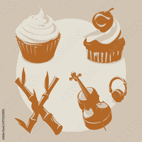 Retro Graphic Illustration: Sweet Cupcakes, Natural Bamboo Sticks, Classical Violin, and Headphones Design Elements