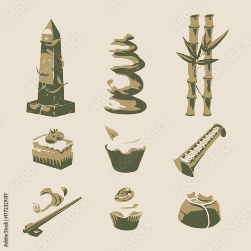 Traditional Japanese Culture Vector Icon Set. Vintage Asian Food, Sushi, Zen Garden Stones, Bamboo, Folk Music Instrument Illustration.