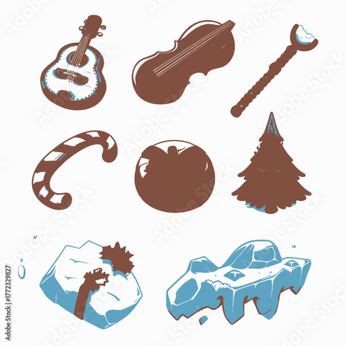 Whimsical illustration of chocolate-themed musical instruments, festive candy cane, pine tree, apple, and icy elements. Winter holiday art.