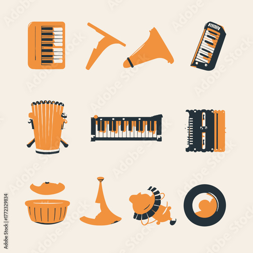 Set of diverse musical instruments in flat design style. Collection of keyboard, wind, and percussion icons for music education and entertainment.