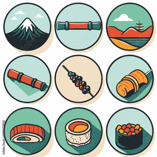 Vibrant Japanese culture and cuisine icon set. Features traditional food: sushi, dango, yakitori, and symbols like mountain, flute, pagoda.