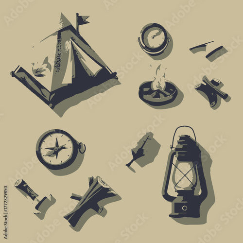 Retro camping essentials collection. Vintage style outdoor adventure gear set including tent, lantern, campfire, compass, and tools.