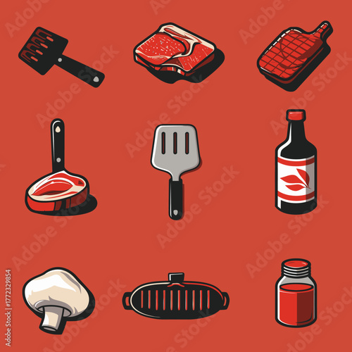 Grilling and Barbecue Icons Set: Raw Steak, BBQ Tools, Sauce, Mushroom & Seasoning. Essential food and kitchen items for cooking.