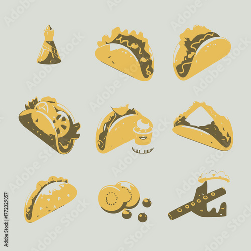 Vibrant vector illustration set of traditional Mexican food and drink, featuring various tacos, churro, and beer, perfect for fiesta and celebration concepts.