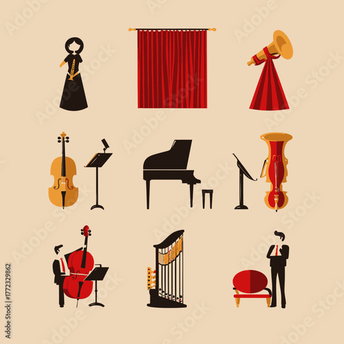 Classical Music Instruments and Musicians Vector Set. Orchestra Performance Flat Design Illustration for Art & Culture.