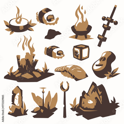 Stylized Fantasy Game Asset Vector Collection: Nature Elements, Campfires, Sushi Icons & Primitive Tools for UI/UX