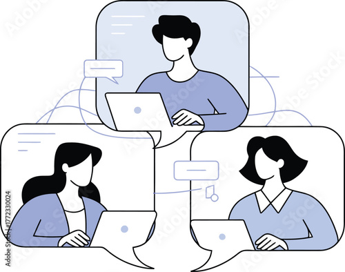 Three people communicating online via laptops and chat bubbles