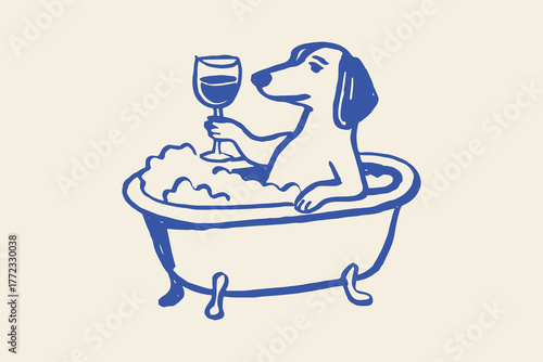 dachshund in bathtub with wine naive sketch line art vector