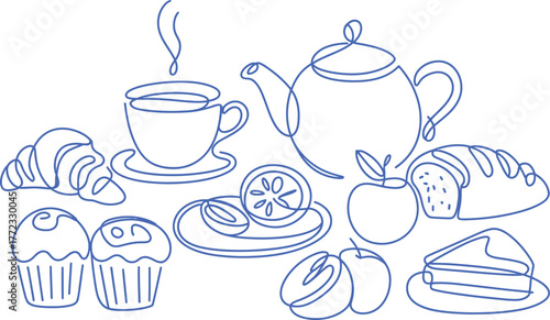 Blue line art breakfast assortment with tea and pastries