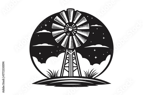Silhouette windmill stands amidst clouds and starry sky within a circular frame, showing farm energy