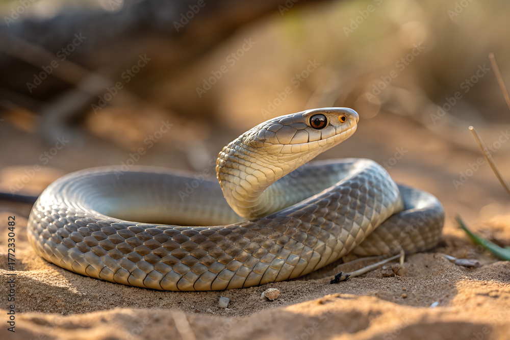Fototapeta premium Venomous Brown Snake Coiled on Sand in Natural Habitat
