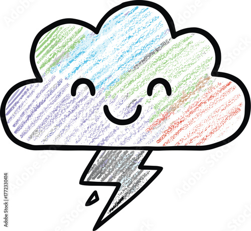 Whimsical Storm Cloud Cartoon Character Delivering Electric Energy: Smiling Weather Icon for Educational Children's Book Illustration, Creative Design, and Environmental Awareness Presentations, Showc
