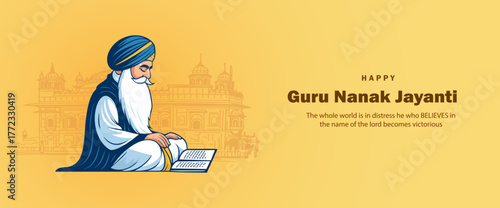 Guru Nanak Jayanti Illustration with Guru Reading Holy Scripture on Yellow Background