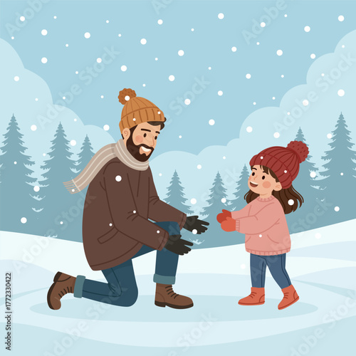 A father and son playing together in the park during winter. Illustration for social media posts, banners, or presentations.
