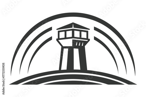 Simple dark lighthouse symbol with arc radiating off of its peak on white