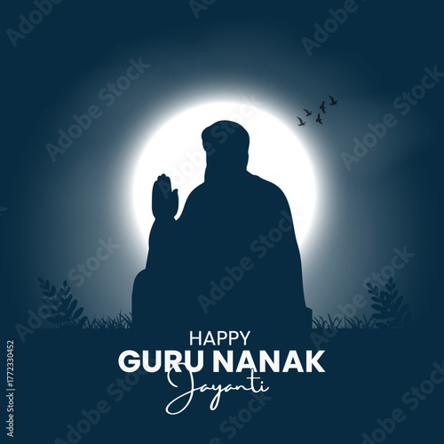 Guru Nanak Jayanti Silhouette Illustration with Moonlight and Peaceful Night Scene