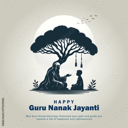 Guru Nanak Jayanti Silhouette Illustration of Spiritual Teaching Under Tree