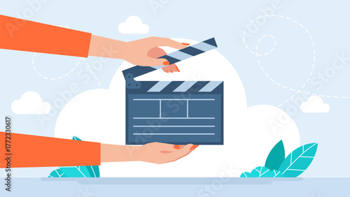 Woman hands holding movie clapperboard. Movie assistance concept. Young clapperboard girl fires take for movie camera. Video recording, film or series production. Woman assistant. Vector illustration