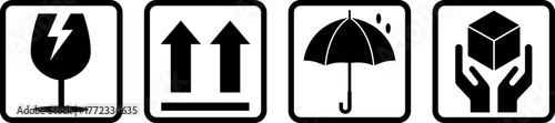 Fragile. Handle with care. Keep away from water. This side up. Packaging symbols. Vector icon set.