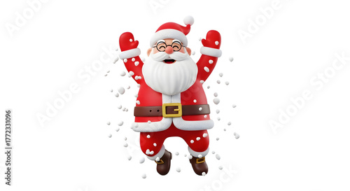 Happy santa claus character with arms raised in celebration, surrounded by falling snow, isolated on transparent background