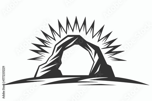 Stylized black silhouette showcases a grand stone archway shining with bright rays on landscape