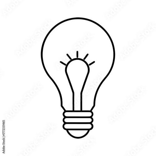 Simple white outline of a classic incandescent light bulb with filament and screw base isolated on white background