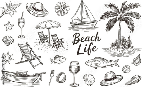 Hand drawn beach life elements with sailboat and palm tree