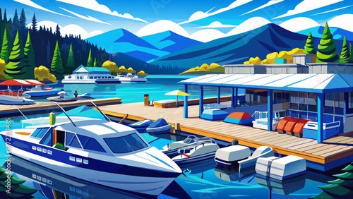 Very beautiful view of boats and yachts docked in covered blue slips at the Coeur d'Alene Lake marina in downtown Coeur d'Alene, Idaho, surrounded by calm water and scenic mountain landscape.