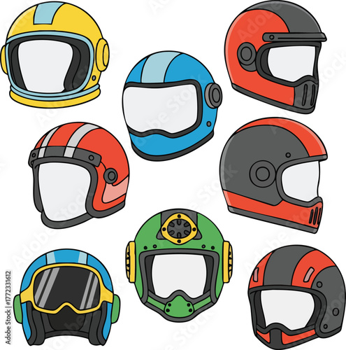 Collection Of Colorful Motorcycle Helmets And Protective Headgear For Racing And Sports