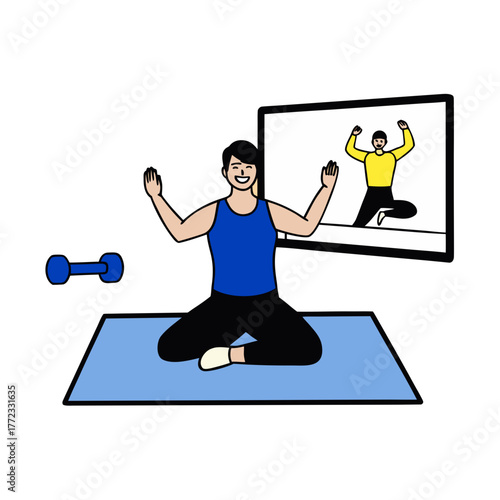 Person exercising at home following an online fitness class on a screen with weights isolated on white background