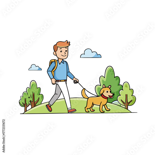 Happy man with backpack walking his friendly dog on a leash through a park with trees and clouds isolated on white background