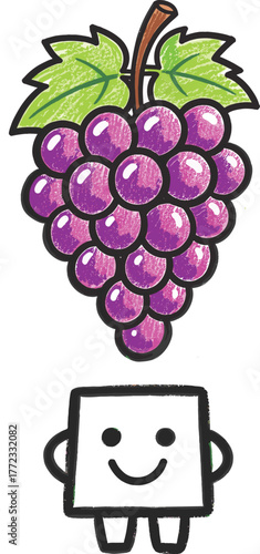 Cheerful Square Character Looking Up at Ripe Purple Grapes Ready to Be Picked for a Healthy Snack, Cartoon Illustration for Kids, Promoting Nutrition and Fun, Simple Design with Bright Colors and Blac