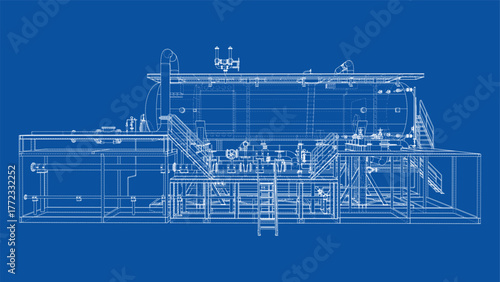 Industrial Equipment Blueprint on Blue. Vector