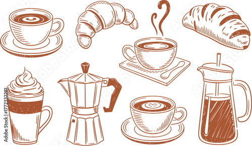 Coffee and Croissant illustrations with Moka Pot and French Press